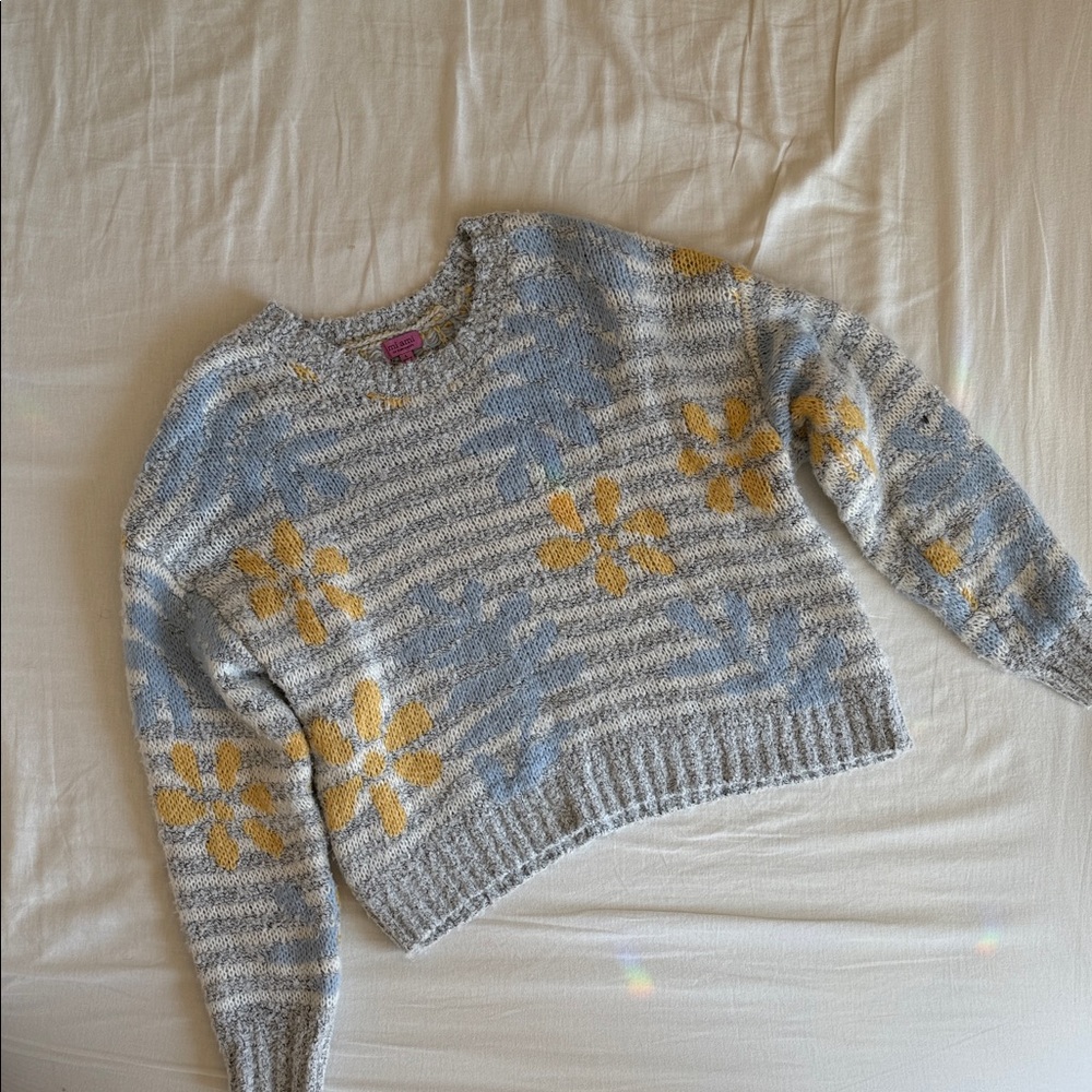 Francesca's Collections Striped Floral Sweater in Blue and Yellow